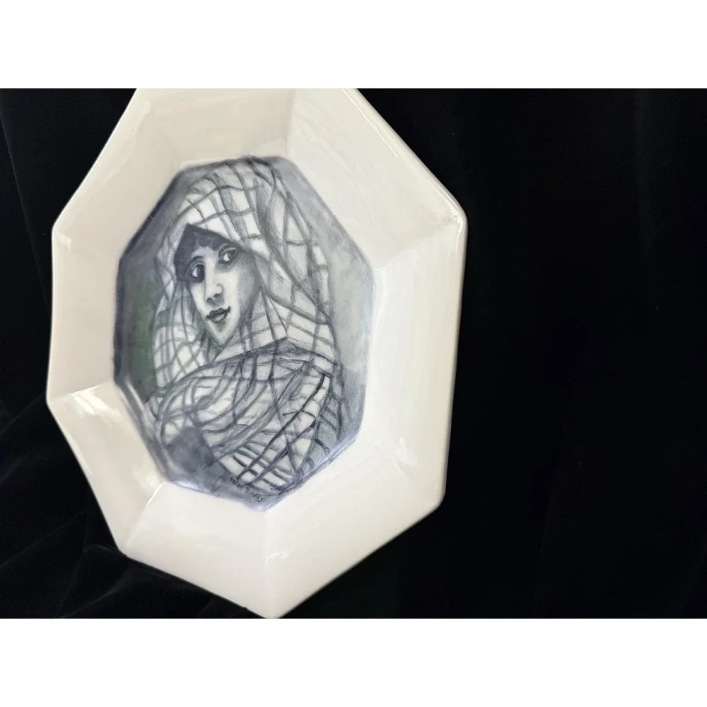 VTG Original Art Hand Painted Signed Portrait Cabinet Plate Octagonal Woman 10